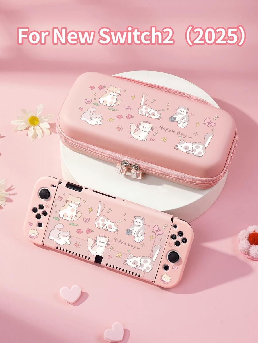 1pc Ins Style Cat & Bow Graphic Switch/Switch 2 Console Protective Case, Compatible With New Switch 2 (2025)/Switch NS/Switch OLED/Lite, Switch Gaming Accessories, Full Set Including Storage Pouch, Card Slot Base, Best Gift Compatible With Switch Players - Multicolor - View 1