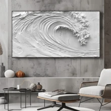 1幅现代墙面艺术海报，2D抽象海浪帆布画，白色海浪装饰画，油画质感海报，适用于客厅、卧室、浴室、办公室的墙面装饰，是理想的乔迁礼物，也适合宿舍、公寓装饰。 - 彩色 - 查看 1