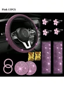 7件套汽车配件套装,女士汽车配件,亮面方向盘套,亮面汽车杯垫,亮面套装,安全带肩垫,圆形Logo贴纸,换挡杆套 - 款式A - 查看 25