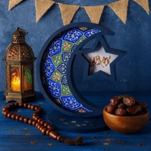 开斋节快乐 月亮星星糖果甜点托盘 木质托盘 蛋糕食物托盘 伊斯兰穆斯林斋月节 家居派对装饰 - 彩色 - 查看 3