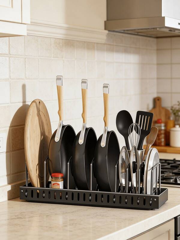 Organizador de tapa de olla extraíble, 2 piezas Organizador de ollas y sartenes para debajo del gabinete, soporte para tapa de olla con 7 compartimentos ajustables para gabinete de cocina, utensilios de cocina y hornear