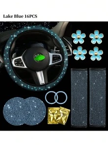 7件套汽车配件套装,女士汽车配件,亮面方向盘套,亮面汽车杯垫,亮面套装,安全带肩垫,圆形Logo贴纸,换挡杆套 - 款式A - 查看 35