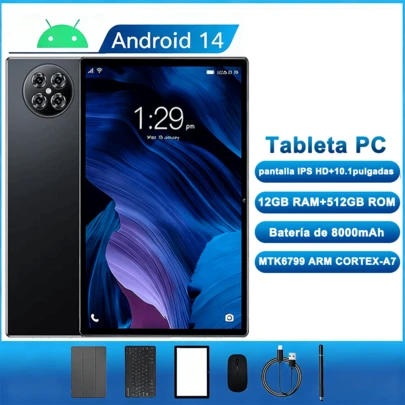 BOSSNEY Tableta,Pantalla FHD de 10.1",12GB RAM 512GB ROM 8000mAh Batería, Cámara de 13MP+ 5MP,  WiFi 5G/2.4G ,Con  Funda Teclado Ratón  Y Lapiz Táctil,tablet en oferta
