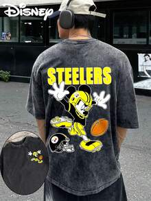Disney UNIHLO  STEELERS Mickey   Printed Summer Heavyweight Retro Washed Street Fashion Casual T-Shirt - 黑色 - 查看 1