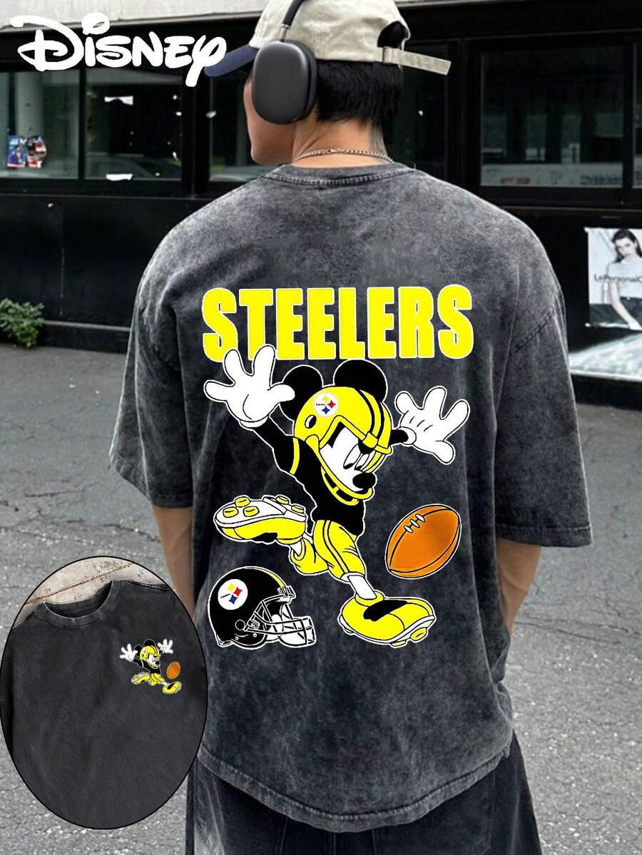 Disney UNIHLO  STEELERS Mickey   Printed Summer Heavyweight Retro Washed Street Fashion Casual T-Shirt - 黑色 - 查看 1