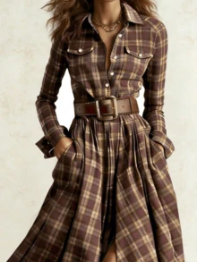 女士格子复古连衣裙，宽松裙摆设计，时尚纽扣腰带衬衫裙，适合派对和活动（不含腰带）