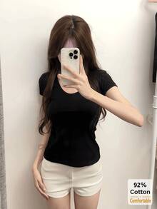 Áo thun nữ cổ chữ U tay ngắn màu trơn, áo lót dáng ôm đa năng thoải mái cho mùa hè màu đen. - màu đen - Xem 5