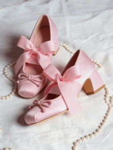 Elegant Cute Womens Ballet High Heels Round Toe Bow Decors Lace Up Block Heel Ballerina Dancing Shoes Party Dressy Occasions Heeled Shoes - Hồng - Xem 4
