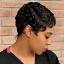 Women's Remy Human Hair Pixie Cut Wig - Short Wave With Bangs, 150% Density Full Machine Made Rose Net Cap Everyday & Special Occasion Hairstyle - SNatural - View 2