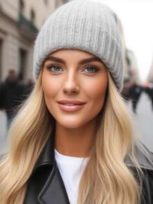 1pc White Knitted Cuffed Beanie, Soft & Warm Knit Hat For Women - Dark Grey - View 2