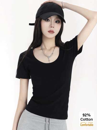 Women's Solid Color U-Neck Short Sleeve T-Shirt, Versatile Casual Slim Fit Undershirt For Summer