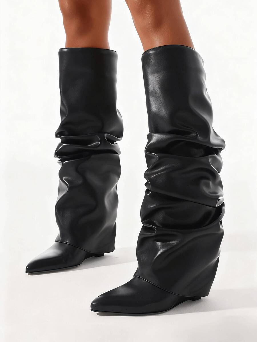 Women Knee High Boots Wedge Heel Pointed Toe Slouch Foldover Boots Minimalist Fashion Boots For Fall Winter Outfits Street Style - màu đen - Xem 1