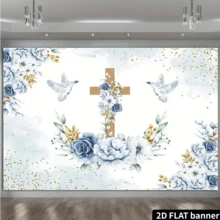 2D Elegant Baptism And First Communion Party Banner With Wooden Cross, Peace , Blue Roses And Golden Glitter Background For Photo Shoot - Multicolor - View 2