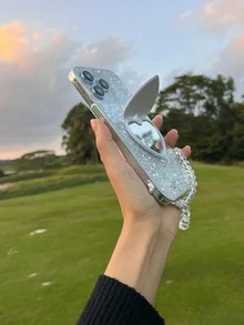 Glitter Heart-Shaped Mirror With Stand, Compatible With Galaxy S24 U/A05/A35/A15/A25/A24/S23 FE/A12345/12345 Series, 14 Pro Max/15/13/12/11/7/8/XS Max/XR Series, Moto G 5G 2022/G Stylus/G Play/Power Series, Couples Phone Case