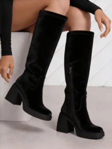 2025 New Fall Fashion Knee High Boots For Women Thick Heel Solid Color Side Zipper Square Toe Comfortable Classic Wide Calf Boots Winter Party Motorcycle Nightclub Shoes - 黑色絨面革 - 查看 2