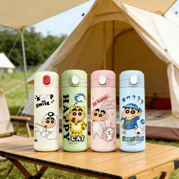 Miniso 蜡笔小新牛奶布丁保温杯 不锈钢水瓶 卡通图案牛奶咖啡杯 旅行户外运动杯 完美节日礼物 450毫升/15.2盎司