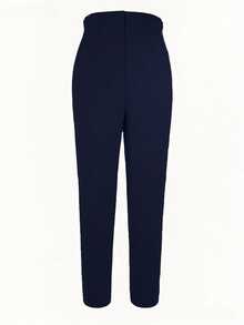 Women's Solid Color Waist-Cinching Slim-Fit Ankle Pants For Office Wear Spring - Navy Blue - View 5
