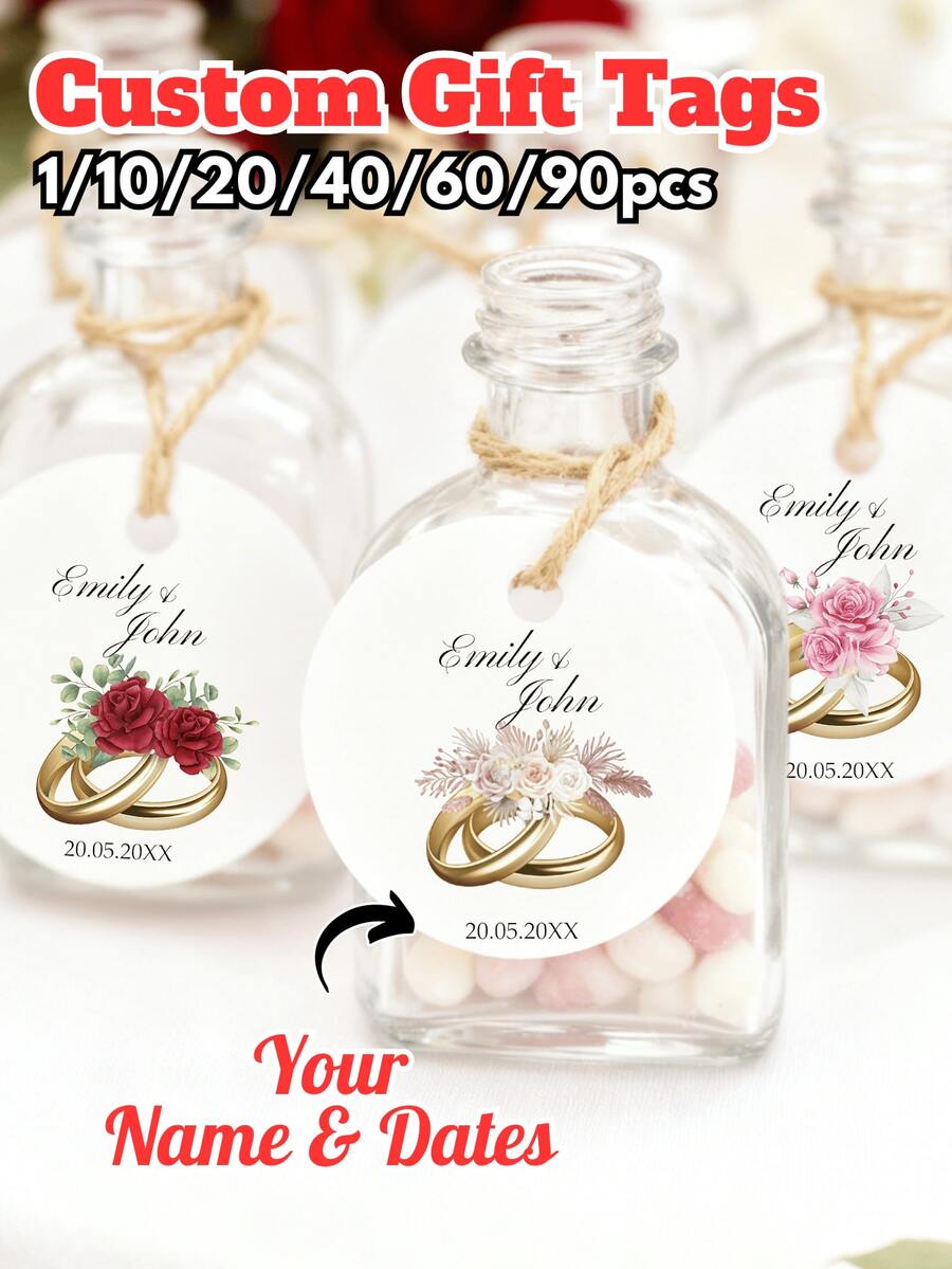 1/10/20/40/60/90 unidades Plantillas personalizadas de etiquetas para regalo de boda, etiquetas personalizadas para anillos con flores, etiquetas editables para anillos con flores, plantillas de etiquetas para regalo de fotos de vacaciones, etiquetas imprimibles para fotos de boda, etiquetas para despedida de soltero/soltera, etiquetas personalizadas, etiquetas de agradecimiento - Multicolor - Ver 1