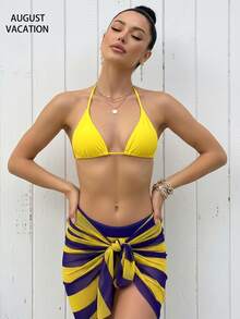 August vacation Bộ bikini nữ thanh lịch màu vàng sọc buộc dây phía trước kèm khăn choàng đi biển voan mỏng, thích hợp cho kỳ nghỉ hè. - Nhiều màu - Xem 6
