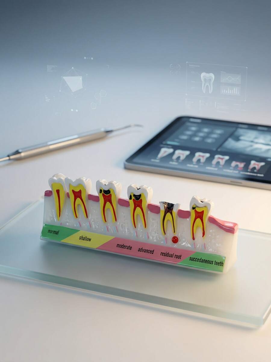 1个牙科模型展示架，牙科解剖教学工具，适用于医学教育辅助和牙科诊所装饰，包含正常、浅、中、深、晚期残余牙根和遗传牙阶段的牙科结构模型，科学教育用品，牙科教学演示模型 - 彩色 - 查看 1