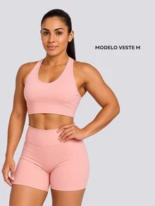 Conjunto Academia Top E Short Fitness Kit Roupa Com Shorts - Rosa Bebê - Visão 9