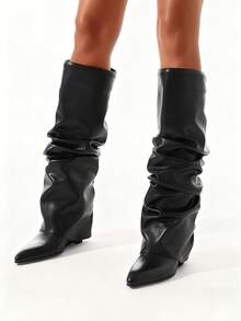 Women Knee High Boots Wedge Heel Pointed Toe Slouch Foldover Boots Minimalist Fashion Boots For Fall Winter Outfits Street Style - màu đen - Xem 6