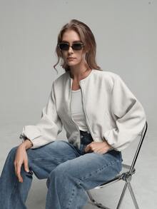 HZXVIC 女士纯色罗纹拉链口袋休闲柔软飞行员夹克，秋季款 - 米色 - 查看 2