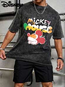 Disney UNIHLO  Mickey   Printed Summer Heavyweight Retro Washed Street Fashion Casual T-Shirt - màu đen - Xem 1