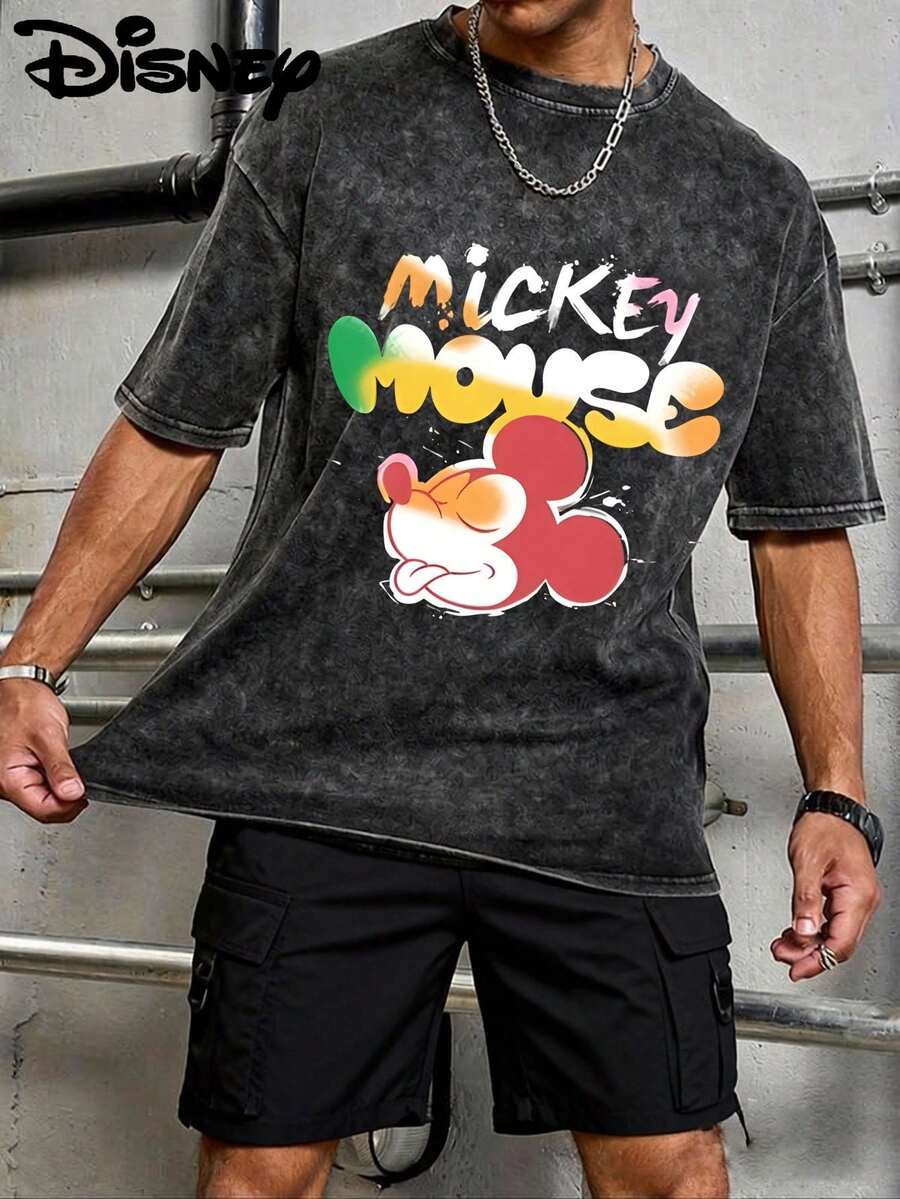 Disney UNIHLO  Mickey   Printed Summer Heavyweight Retro Washed Street Fashion Casual T-Shirt - màu đen - Xem 1
