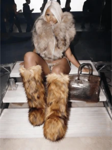 Women's Winter Furry Snow Boots Fuzzy Fluffy Round Toe Suede Booties Flat Heel Slip On Outdoor Indoor Shoes Fashion Warm Fluffy Shoes - Ống dài màu nâu - Xem 6