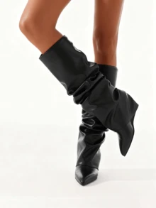 Women Knee High Boots Wedge Heel Pointed Toe Slouch Foldover Boots Minimalist Fashion Boots For Fall Winter Outfits Street Style - màu đen - Xem 5
