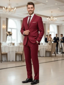 Setelan Jas Pria 2 Potong, Termasuk Jaket Blazer dan Celana Panjang, Cocok untuk Bisnis, Pernikahan, Pesta, Perjamuan, dan Acara Formal Lainnya, Setelan Jas Slim Fit Lengan Panjang Warna Polos Elegan, Ukuran XS-XXXL - Burgundy - View 3