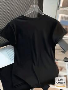 Áo thun nữ cổ chữ U tay ngắn màu trơn, áo lót dáng ôm đa năng thoải mái cho mùa hè màu đen. - màu đen - Xem 6