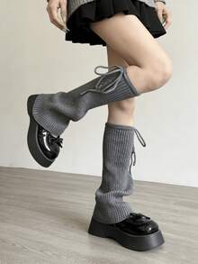 1 双白色/灰色蝴蝶结针织腿套，纯色喇叭形袜口，适用于雪地靴 - 彩色 - 查看 8