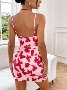 情人节粉色蝴蝶印花吊带紧身迷你连衣裙，性感甜美约会之夜褶皱连衣裙，女士 - 彩色 - 查看 3