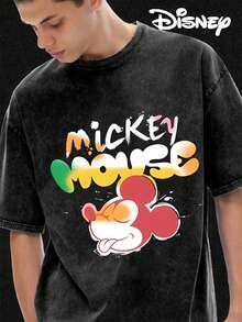 Disney UNIHLO  Mickey   Printed Summer Heavyweight Retro Washed Street Fashion Casual T-Shirt - màu đen - Xem 2