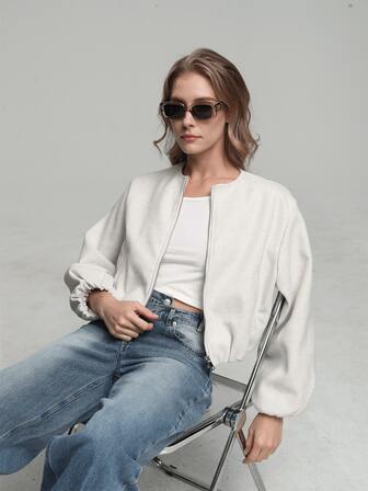 HZXVIC Dam enfärgad ribbad dragkedja med fickor, mjuk bomberjacka, höst