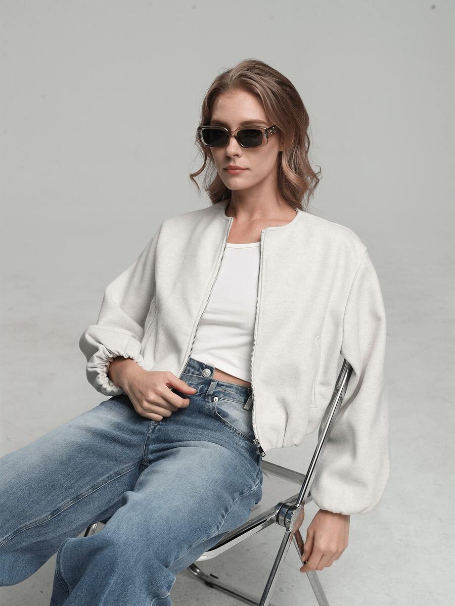 HZXVIC 女士纯色罗纹拉链口袋休闲柔软飞行员夹克，秋季款 - 米色 - 查看 1