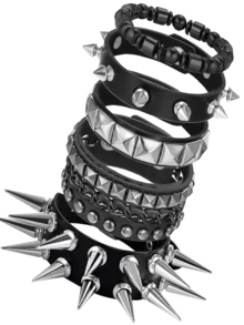 Yanxyad Bộ 5 vòng tay đính gai phong cách Punk Rock cho nam nữ, thập niên 80, phong cách Alt Gothic Grunge Emo, phụ kiện vòng tay đính hạt hình ngôi sao phong cách Y2K, vòng tay cài khuy bằng da PU. - màu đen - Xem 1