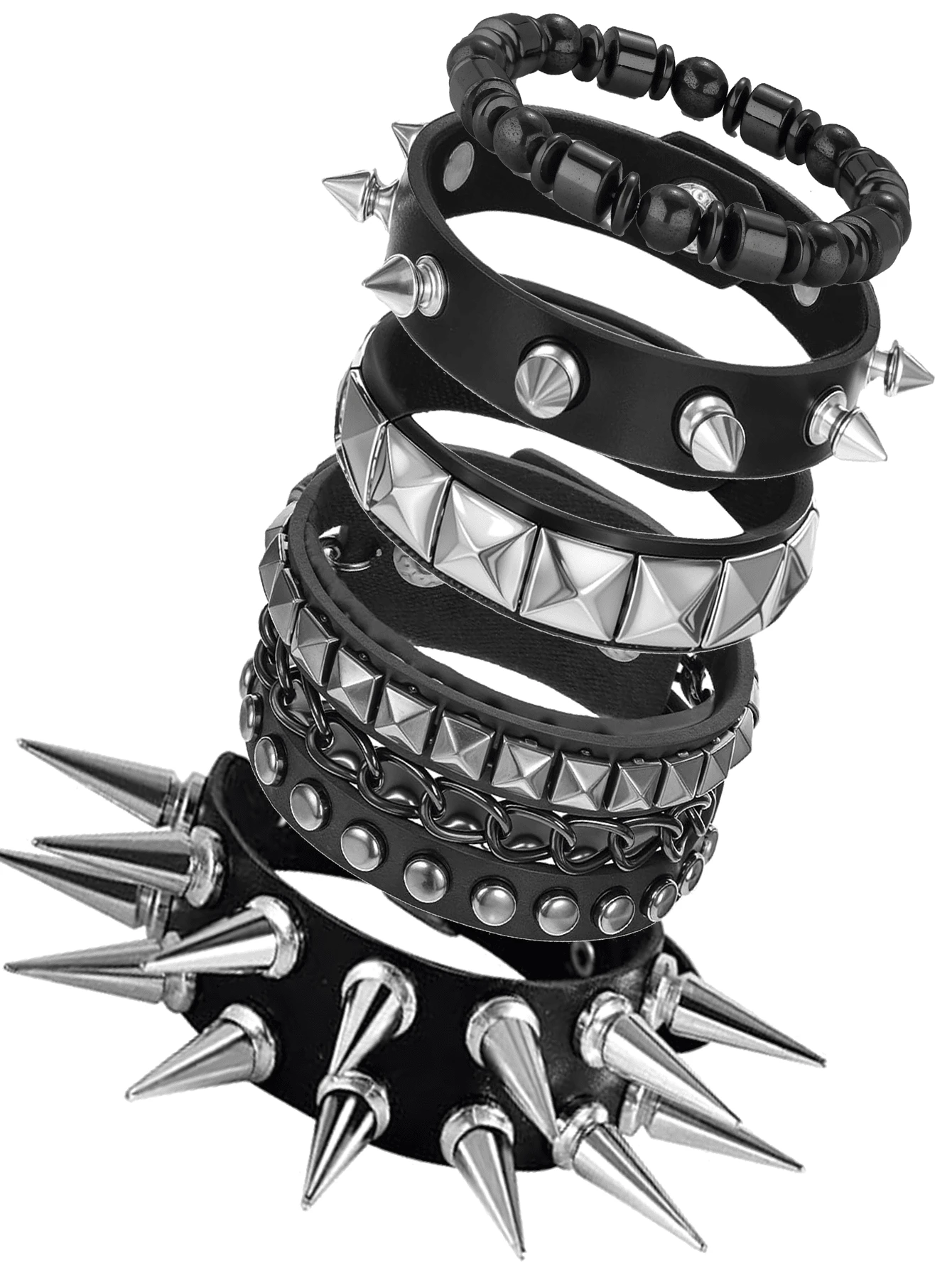 Yanxyad Bộ 5 vòng tay đính gai phong cách Punk Rock cho nam nữ, thập niên 80, phong cách Alt Gothic Grunge Emo, phụ kiện vòng tay đính hạt hình ngôi sao phong cách Y2K, vòng tay cài khuy bằng da PU. - màu đen - Xem 1