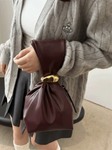 1pc Solid Color PU Leather Handbag, Burgundy Ancora Design, Women's Personalized Mini Cloud Pleated Bag With Metal Decor Zipper Closure, Suitable For Daily And Outdoor Use , New Year , Burgundy Bag - Màu Đỏ Sâu - Xem 6