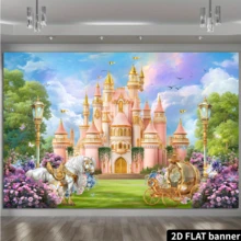 Telón de fondo de castillo de princesa de cuento de hadas, incluye castillo rosa y dorado, flores y mariposas de colores, material de poliéster duradero, sin necesidad de energía, adecuado para fiestas de cumpleaños con temática de princesa, uso en interiores y exteriores, se puede usar como decoración de pared, suministros para fiestas, se adapta a reuniones en el hogar, escenas de habitación de niña, crea una atmósfera de princesa soñadora - Multicolor 2 - Ver 3