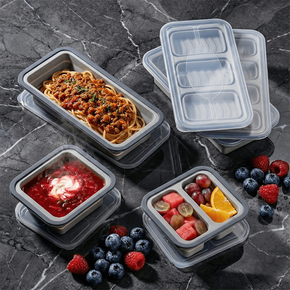 1/2/3/4 Compartment Foldable Silicone Bento Box - Microwave & Oven With Airtight Lid, Suitable For Meals, Soups And Desserts, Space Saving - Multicolor - View 1