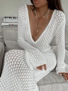 性感V领镂空针织修身长袖沙滩裙，沙滩裙，女士度假装，度假连衣裙，沙滩套装，春夏度假装 - 杏色 - 查看 3