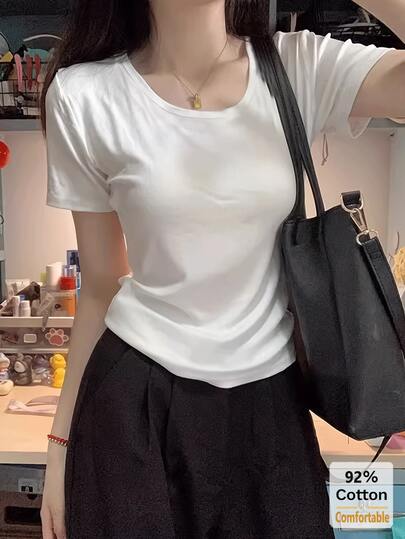 Áo thun nữ cổ chữ U tay ngắn màu trơn, áo lót dáng ôm thoải mái đa năng cho mùa hè.