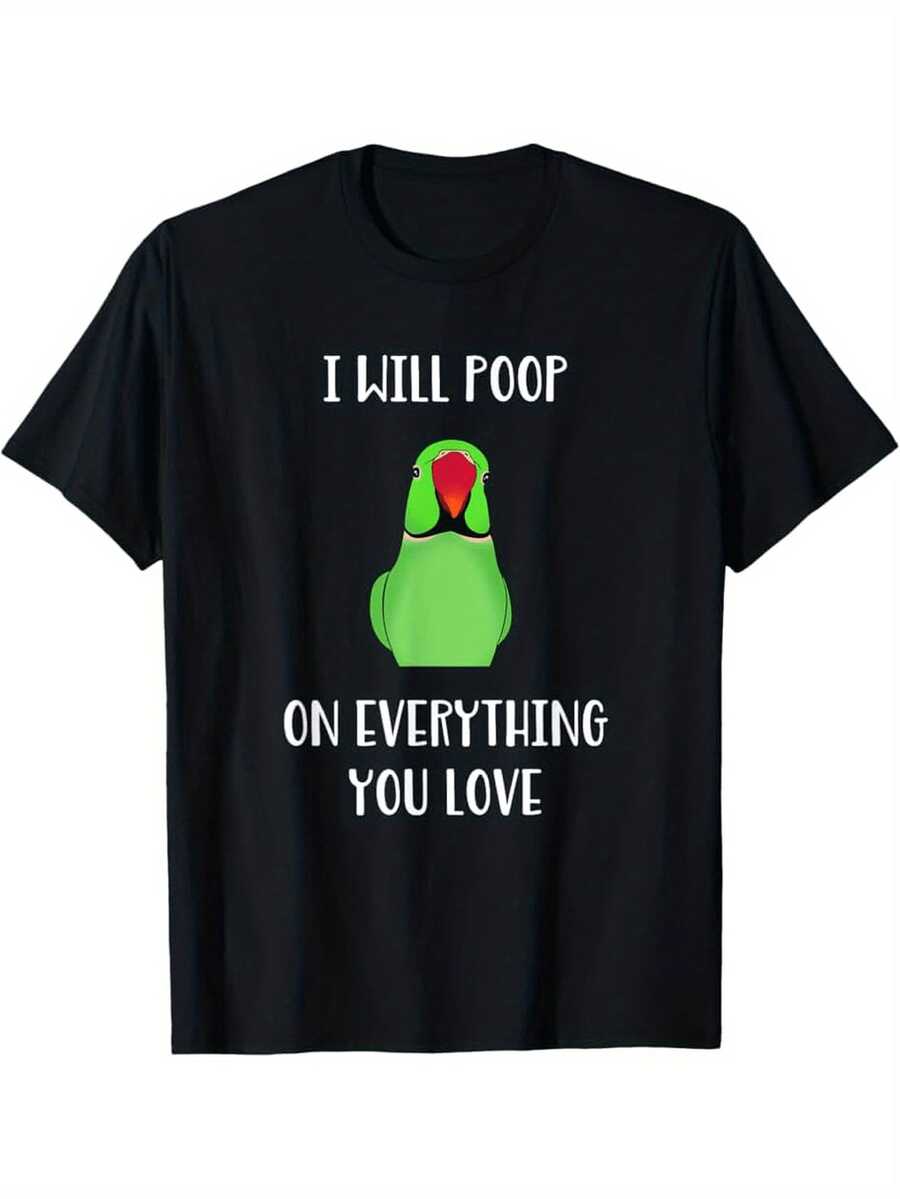 Funny Parrot Graphic T-Shirt - I Will Poop on Everything You Love Saying - Black Shirt with Green Bird Design - 100% Cotton Crew Neck Tee for Men - Soft Breathable Everyday Shirt - Machine Washable Casual Top,Humorous Apparel,Quirky Fashion,Comfortable Fit,Statement Top,Bold Print,Lightweight Material,Printed Top,Humor Lovers - por defecto - Ver 1