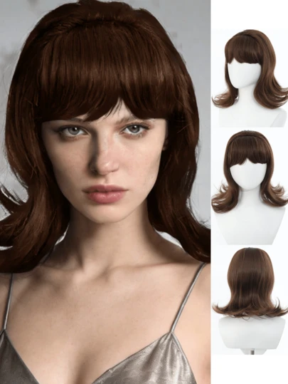 12-Inch Deep Brown Vintage Wavy Bob Wig With Bangs, Made Of Heat-Resistant Synthetic Fiber Hair, Featuring A Retro Honeycomb Hairstyle From The 60s And 70s, Elegant And Fashionable For Daily And Party Wear, Perfect For Ladies' Parties