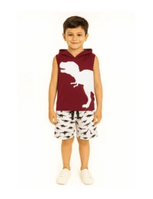 Conjunto Infantil Menino Verão Dinossauro - Mafi Kids - bordô - Visão 2