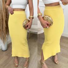 Saia Feminina Mídi Tricot Modal Canelada Com Fendas - Amarelo - Visão 1