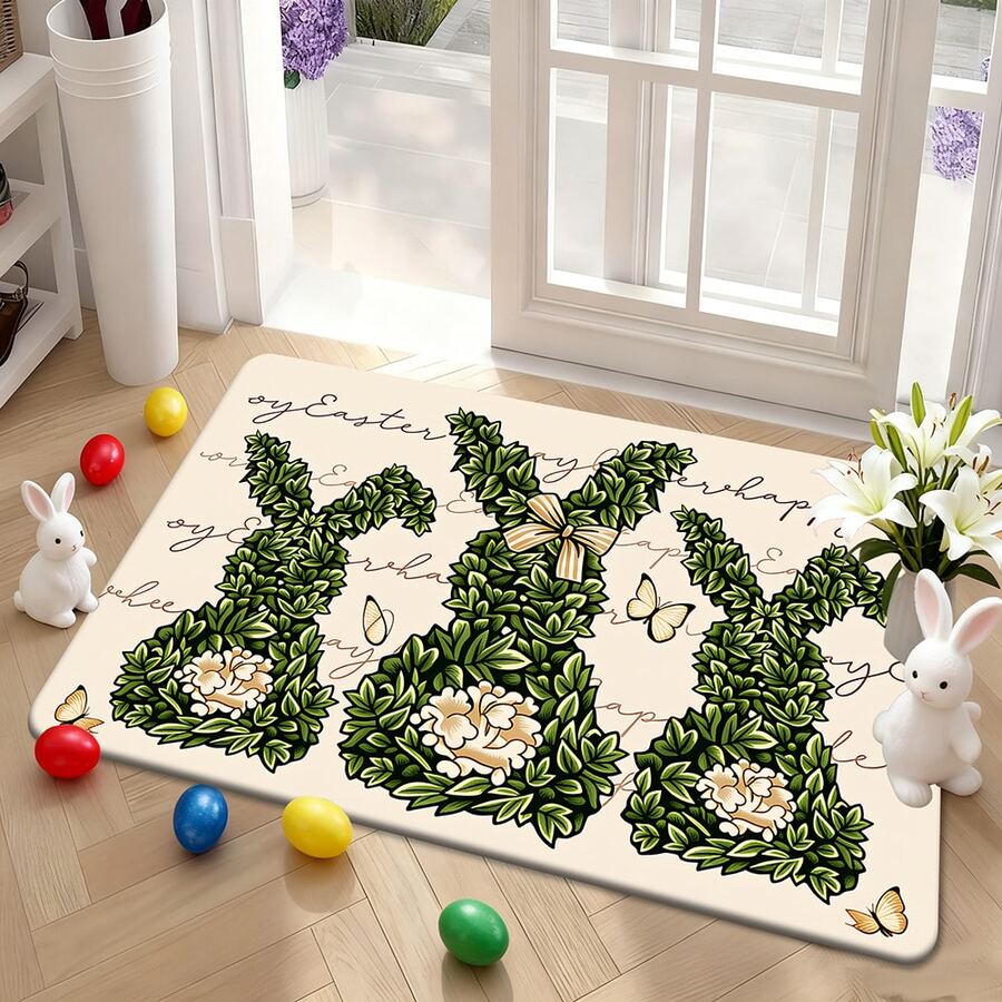 1/2 pièces Ensemble de paillasson et tapis de Pâques, avec motif de feuilles vertes et de lapins, décoré de papillons et de fleurs, dans un style frais et naturel. Convient pour décorer l'entrée, l'escalier et le hall, apportant une atmosphère et une chaleur festives à votre maison. - Multicolore - Voir 1